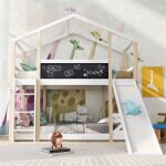 Lit mezzanine enfant 90x200 cm avec toboggan et �chelle pin massif blanc / naturel 2 sommiers � lattes ...