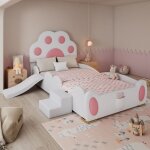 Lit enfant 90x200cm avec toboggan structure de lit fille avec t�te de lit en forme de pattes de chat ...