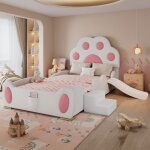 Lit enfant 90x200cm avec toboggan t�te de lit rembourr� patte de chat rev�tement pu rose et blanc
