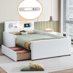 Lit enfant 90x200cm - veilleuse & usb - simili - cuir blanc - rangements + s�curit� c�t�s sur�lev�s - ...