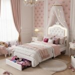 Lit enfant 90x200cmlit fille lit capitonn� avec led et strass - 1 tiroir de rangement - similicuir blanc ...