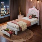 Lit enfant ado 90x200cm tte de lit led cadre de lit rembourr avec tiroir blanc sommier inclus