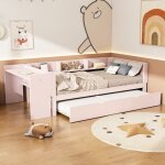Lit enfant avec bureau int�gr� - 90x200 cm - lit gigogne - pin massif - rose