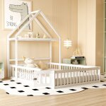 Lit enfant cabane - blanc - 140x200cm - bois massif - tringle à vêtements - 2 places Lit enfant cabane - blanc - 140x200cm - bois massif - tringle à vêtements - 2 places