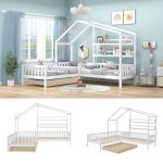 Lit enfant cabane 90x200 - 140x70 cm structure en l avec tiroirs et barrirelit double avec tagres ...