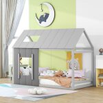 Lit enfant - langtu - cabane 90x200 - bois pin & mdf - gris - sommier inclus