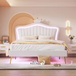 Lit enfant cadre de lit double 140x200 cm couronne blanc cuir pu avec leds sommier lattes inclus pour ...