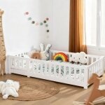 Lit enfant - cadre de lit au sol - 90 x 200 cm - bois de pin massif - avec barri�re de s�curit� et porte ...