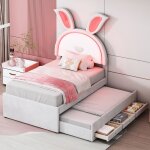 Lit enfant lit capitonné 90 x 200 cm lit simple avec lit gigogne 3 tiroirs et éclairage led - beige Lit enfant lit capitonné 90 x 200 cm lit simple avec lit gigogne 3 tiroirs et éclairage led - beige