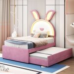 Lit enfant lit capitonné 90 x 200 cm lit simple avec lit gigogne 3 tiroirs et éclairage led - rose Lit enfant lit capitonné 90 x 200 cm lit simple avec lit gigogne 3 tiroirs et éclairage led - rose