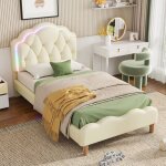 Lit pour enfants lit capitonn� 90x200cm t�te de lit ondul�e avec cordon de serrage bande lumineuse led ...
