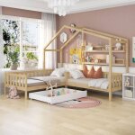 Lit superpos enfant familial - tiroirs et tagres - bois massifnaturel90x200 cm + 140x70cm - hauss ...