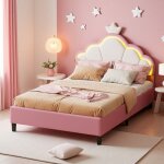 Lit enfant fille 90x200 lit capitonn� avec led t�te de lit couronne lit princesse avec sommier � lattes ...