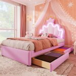 Lit enfant - princesse - 90x200cm - led - cuir pu - 2 tiroirs - rose