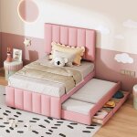 Lit fille 90x200 cm avec lit gigogne 90x190 cm et 3 tiroirs - lit enfant avec sommier  lattes - tissu ...