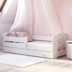 Lit pour enfant luk ? blanc 160?x?80?cm avec barri�re tiroir et matelas ? avec graphique chaton