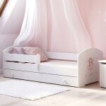 Lit pour enfant luk ? blanc 160?x?80?cm avec barrière tiroir et matelas ? avec graphique de petite fille ... Lit pour enfant luk ? blanc 160?x?80?cm avec barrière tiroir et matelas ? avec graphique de petite fille ...