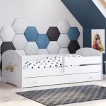 Lit pour enfant luk ? blanc 160?x?80?cm avec barrière tiroir et matelas ? avec illustration de pelleteuse ... Lit pour enfant luk ? blanc 160?x?80?cm avec barrière tiroir et matelas ? avec illustration de pelleteuse ...