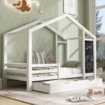 Lemonbest lit enfant maison 90x200 cm lit en bois massif avec tableau 2 tiroirs barreaux et sommier blanc ...