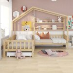 Lit enfant maison 90x200 + 140x70 avec tiroirs �tag�res barri�re et sommier � lattes - pin / mdf naturel ...