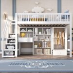 Lit enfant lit mezzanine 90x200 cm en bois massif avec bureau escalier tagre de rangement armoire - ...