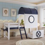 Lit enfant lit mezzanine 90x200 cm mi - hauteur lit cabane tiroir roulettes chelle pin + mdf blanc + ...