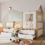 Lit enfant lit mezzanine mi - hauteur 90x200 cmcm avec toit fentre 4 tiroirs et escalier pin + mdf blanc ...
