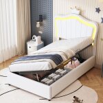 Lit enfant modenuit 90x200cm avec led int�gr� coffre hydraulique t�te r�glable simili cuir blanc sans ...