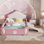 Lit enfant - modernluxe - 90x200cm - toboggan et escalier - led multicolore - sommier � lattes - beige ...