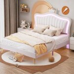 Lit enfant rembourr 140 x 200 cm cadre de lit pour filles cadre de lit double en cuir pu avec clairage ...