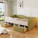 Lit enfant rembourr� 90 x 190 cm - avec 2 tiroirs - avec sommier � lattes - vert (matelas non inclus) ...