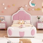 Lit enfant rembourr� 90x200 cm t�te de lit avec corniche design � lattes adapt� aux enfants simili cuir ...