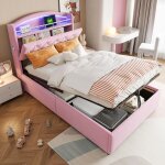 Lit enfant rembourr� 90x200 lit coffre hydraulique avec �clairage led 4 ports usb rangement et sommiers ...