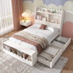 Lit enfant lit simple 90x190 cm lits plat lit en bois avec 1 étagère de rangement 2 tiroirs 3 rangements ... Lit enfant lit simple 90x190 cm lits plat lit en bois avec 1 étagère de rangement 2 tiroirs 3 rangements ...