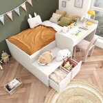 Lit pour enfant lit simple en bois massif avec bureau et tiroirs 90 x 200 cm blanc lit de rangement avec ...