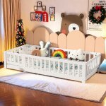 Lit enfant - lit au sol enfant - 90x200 cm - bois de pin massif - cadre de lit au sol avec cl�ture et ...