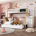 Lit enfant lit superpos� 90 * 200 + 140 * 200 multifonctionnel avec tiroir tableau noir - blanc