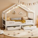 Lit enfant toit design 2 grands tiroirs cadre robuste bois + mdf vernis uv presque inodore convient pour ...