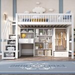 Lit enfant90x200 avec casier descalierlit multifonctionnel avec bureaulit mezzanine avec armoirelit enfant ...