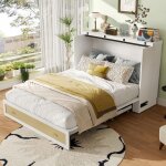 Lit escamotable 140x200 cm blanc avec prise usb tiroirs et �tag�re sommier � lattes