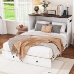 Lit escamotable maisentiel 140x200 blanc avec tiroirs �tag�re prises usb et prise �lectrique