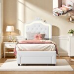 Lit fille 90x200 cm avec lumi�re led lit enfant avec t�te de lit couronne r�glable lit rembourr� avec ...