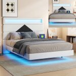 Lit flottant 140x190 cm - lit double avec �clairage led et usb - lit rembourr� avec t�te de lit et sommier ...