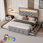 Lit gigogne 140x200 cm lit double rembourr avec tiroirs et bande lumineuse led sommier  lattes gris ...
