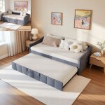 Lit gigogne 2 places 90x200cm lit double t�te lit accoudoirs cadre m�tal robuste sommier � lattes velours ...