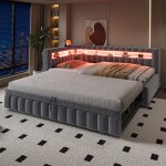 Lit gigogne 3 - en - 1 90x200 banquette 2 couchages et rangement tte de lit avec clairage led et ports ...