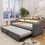 Lit gigogne 90 / 180 x 190 cm - lit banquette extensible avec rangements led et prise usb tissu lin gris ...