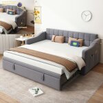 Canap� - lit rembourr� 2 en 1 - langtu - extensible 90 / 180x190 cm - tissu velours - gris - ports usb ...