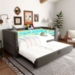 Lit gigogne 90�190 pour adulte enfant ado lit 2 place avec rangement et led canap� - lit extensible 180cm ...