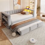 Lit gigogne 90x190 cm ado / enfant - lit simple avec rangement intgr et bureau escamotable led - sans ...